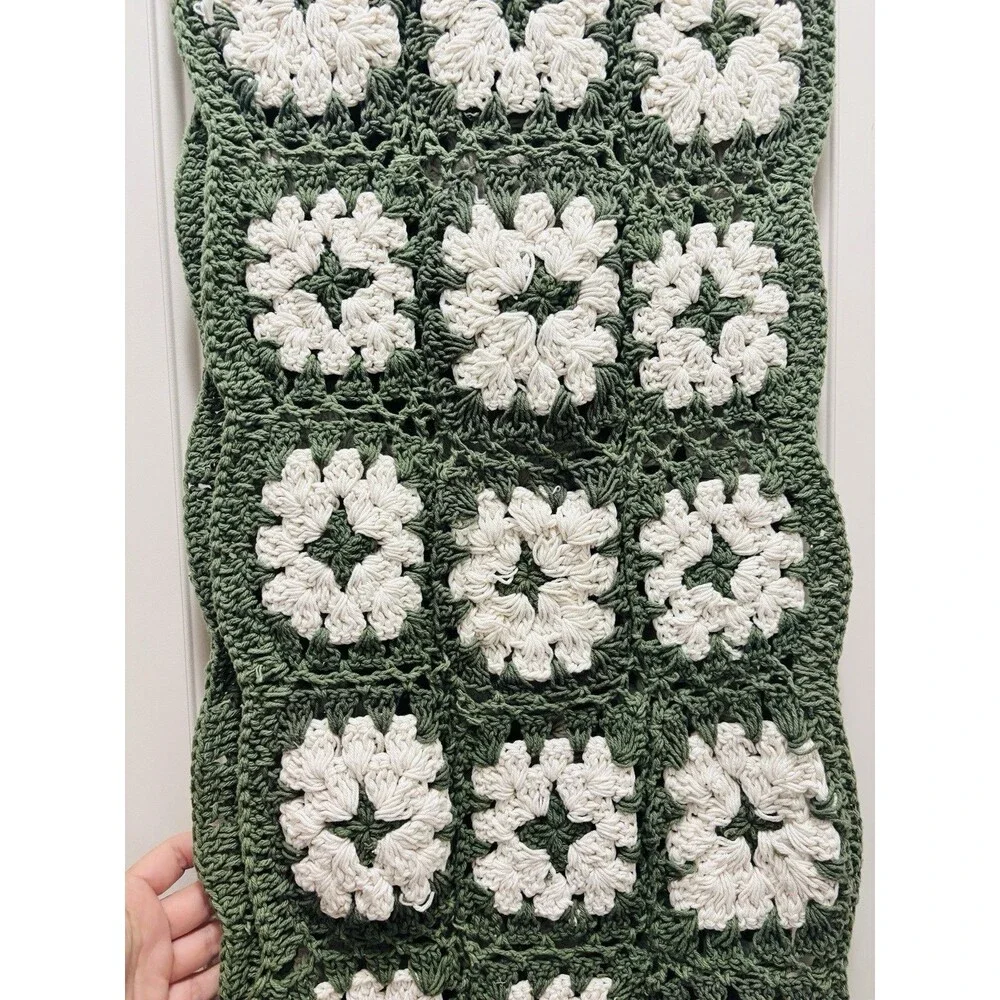 Shabby Chic Crochet Granny Square Table Runner 14 x 72 Green Cream Farmhouse NWT